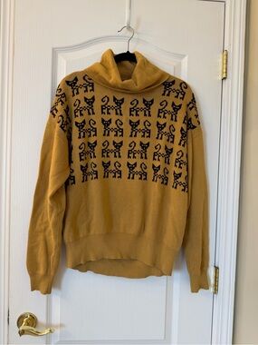 Pepaloves Cat Print Cowl Neck Sweater Mustard Black Size Medium
